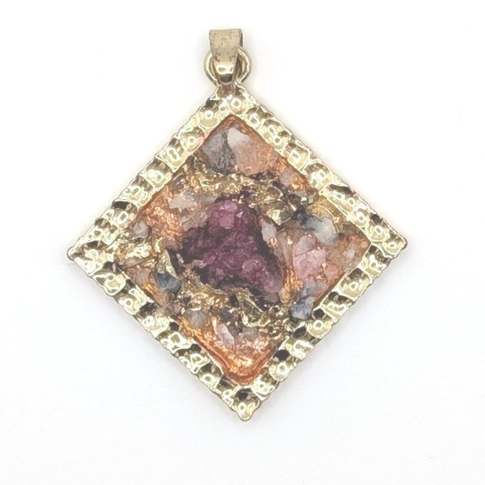 Gold Tone Square Raw Stone Cluster Pendant Magenta Quartz Bohemian Jewelry